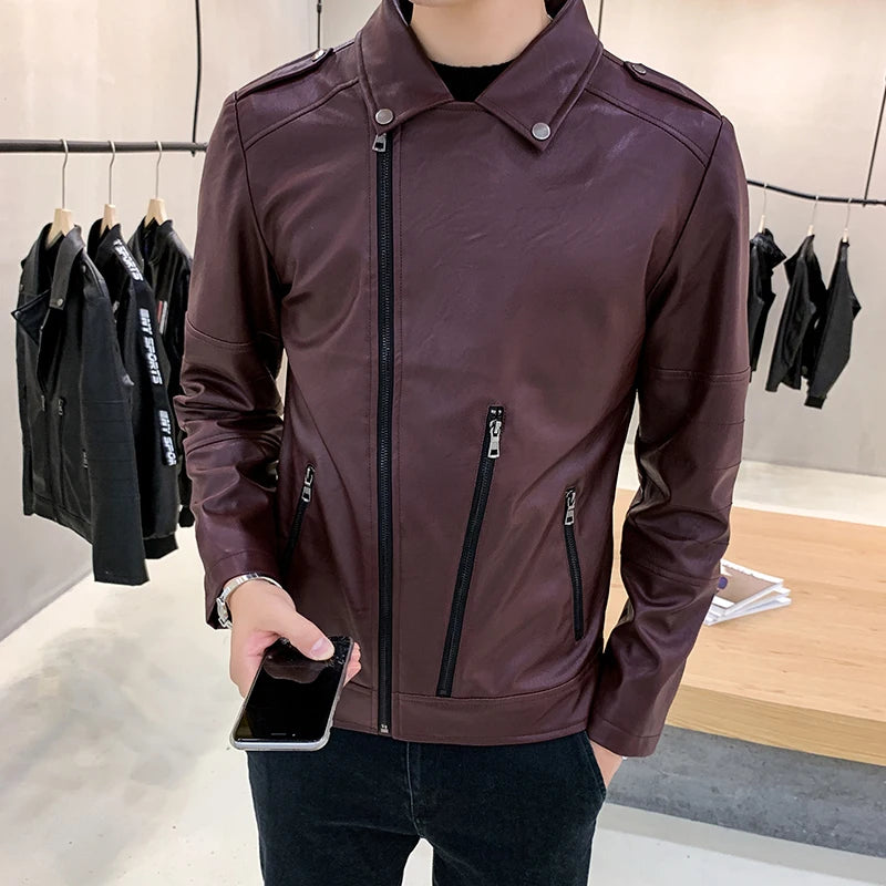Fashion Jaqueta De Couro Slim Fit Chaqueta Cuero Hombre Black Motorcycle Jacket Men Chaqueta Hombre Leather Jacket Mens Wine Red